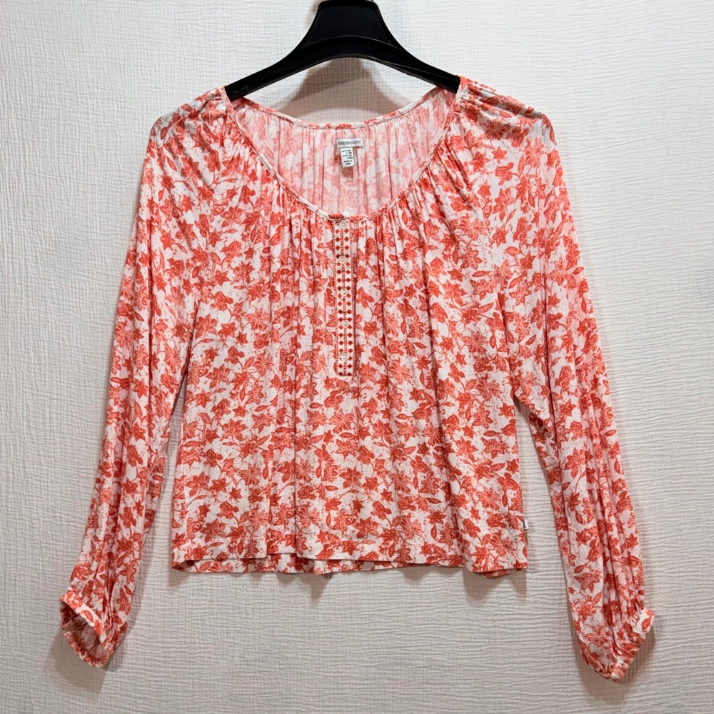 Sisstrevolution Blouse Womens Medium Orange Floral Boho Long Sleeve G502WSAN